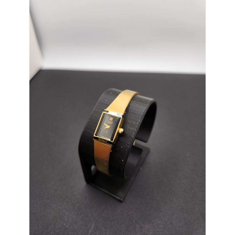 Citizen Quartz Women Gold Tone Rectangular Black Dial Watch 2250-226224  Vintage
